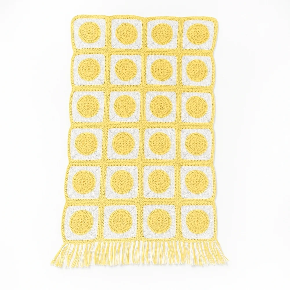 Handmade Yellow White Crochet Granny Square Blanket 37x63 Sunflower Fringe Retro